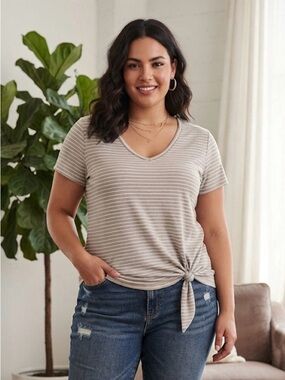 Matty M XL Striped Tie Front Top Gray White Short Sleeve Soft Stretch Tee